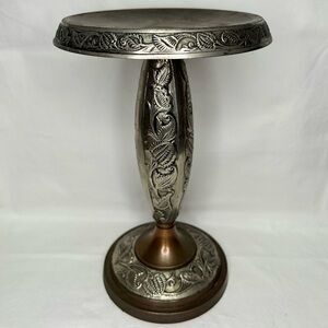 Silver Tone Copper Etched Pillar CandleHolder India  Leaf&Floral Vintage Unique